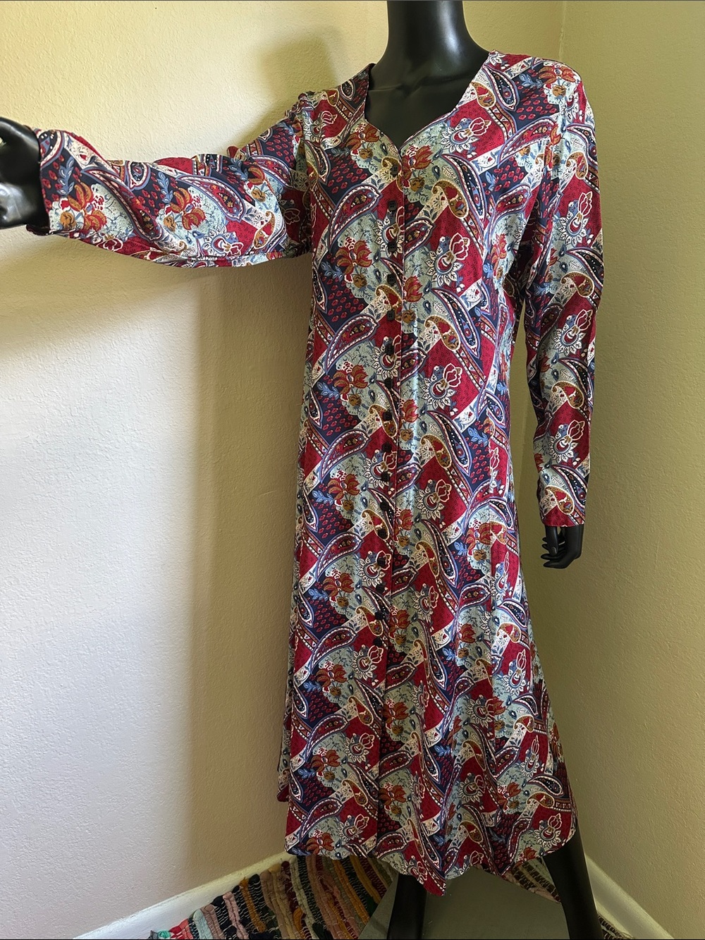 Vintage Erika Burgundy Paisley Button-Front Lace-Up Back Long Sleeve Maxi Dress - Picture 5 of 16